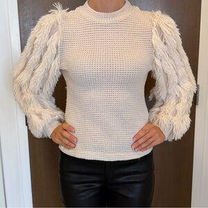 Soft Fur-like Long Sleeve & Waffle Knit Cream Fitted Top